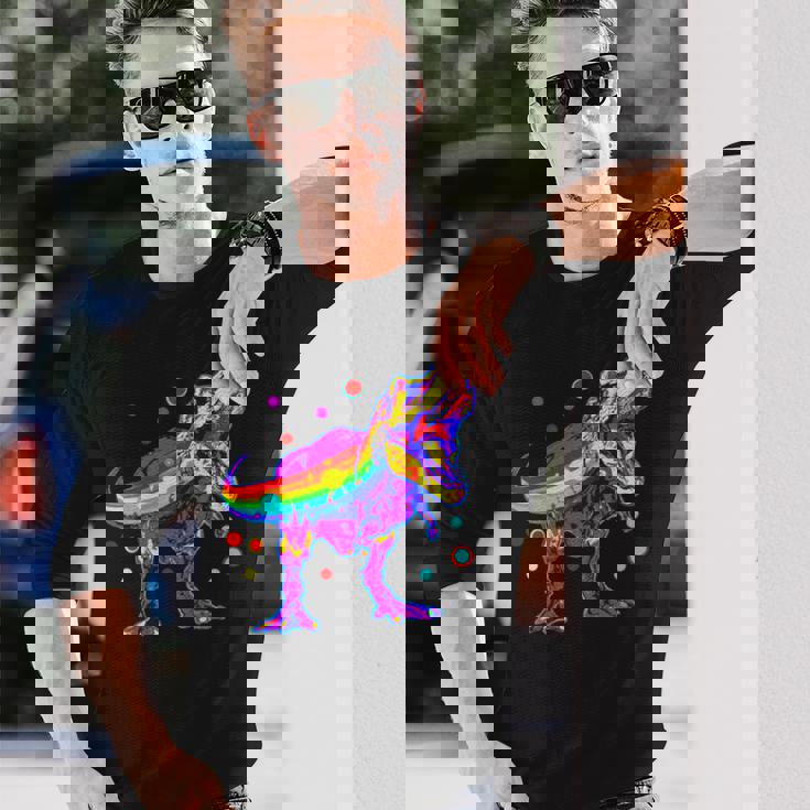 ティラノサウルス レックス 虹色 恐竜 恋人 デザイン 長袖Tシャツ 彼への贈り物