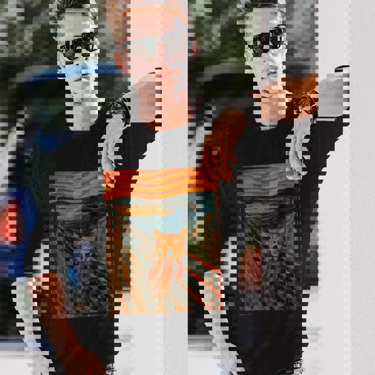 ニャンコの叫び 面白い 猫 ムンクの叫び パロディ おもしろ 服 おもしろグッズ ネタ 長袖tシャツ 長袖Tシャツ 彼への贈り物