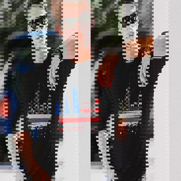 ニューヨーク・スカイライン 星条旗 アメリカ国旗アート Love Ny 長袖Tシャツ 彼への贈り物