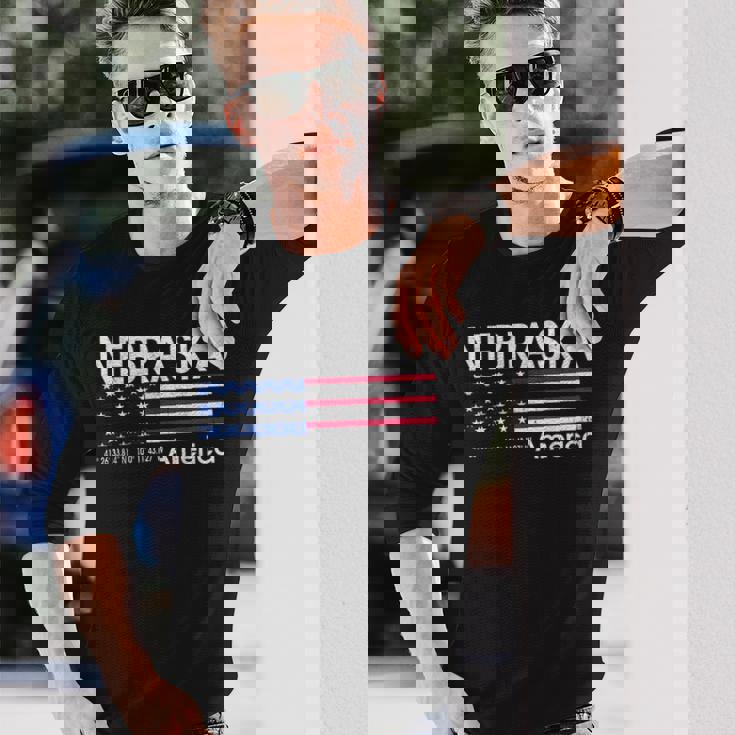 ネブラスカの座標 米国旗 長袖Tシャツ 彼への贈り物