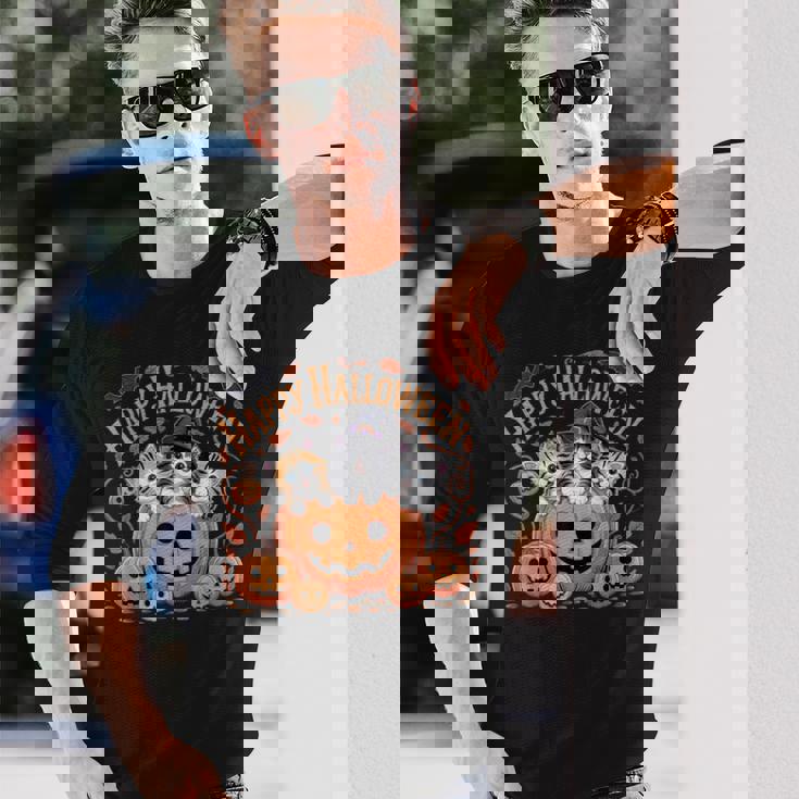 ハッピーハロウィン猫 パンプキン 魔女の帽子デザイン 長袖Tシャツ 彼への贈り物