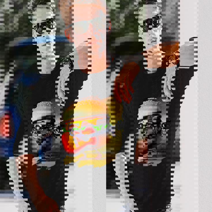 ハンバーガー 演奏 ギター ギタリスト ファニー ファーストフード ハンバーガー 長袖Tシャツ 彼への贈り物