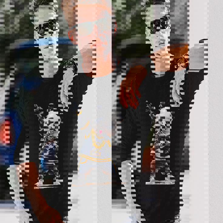 パンダ ホールドマイク 歌う ダンス 動物 グラフィック パンダ 長袖Tシャツ 彼への贈り物