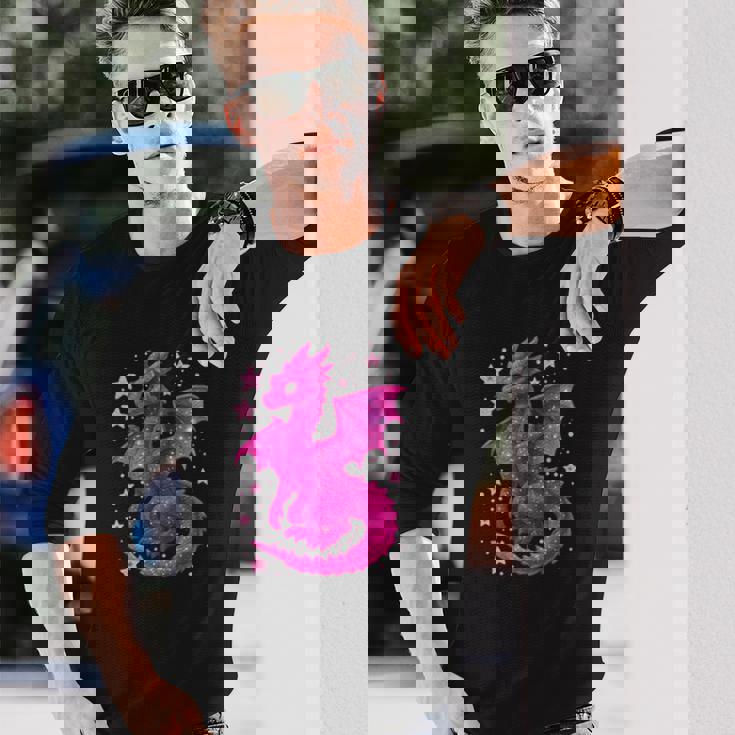 ピンクファンタジー ドラゴンと星 長袖tシャツ 長袖Tシャツ 彼への贈り物