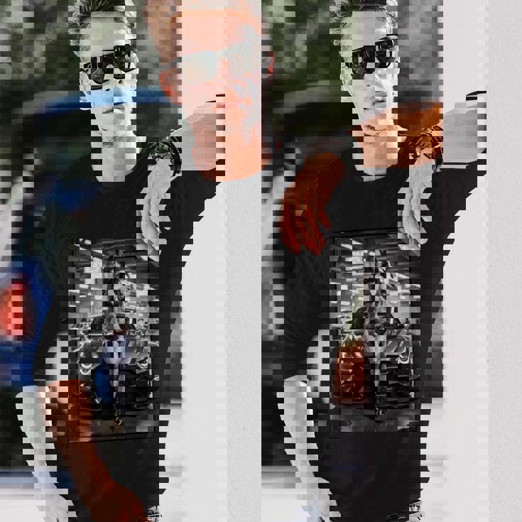 ピンナップガールtシャツ 男性用 巨乳ピンナップガール&カー B&W 長袖Tシャツ 彼への贈り物