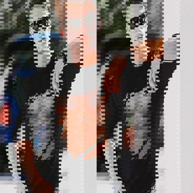 メンズ フェイク マッスル 破れた胸 腹筋 6パック 長袖Tシャツ 彼への贈り物