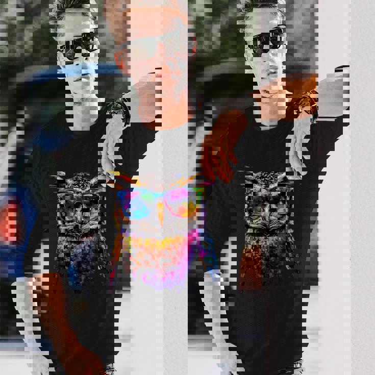 フクロウ カラフル レインボーカラー ポップアート フクロウ フクロウ かわいい フクロウ 長袖Tシャツ 彼への贈り物