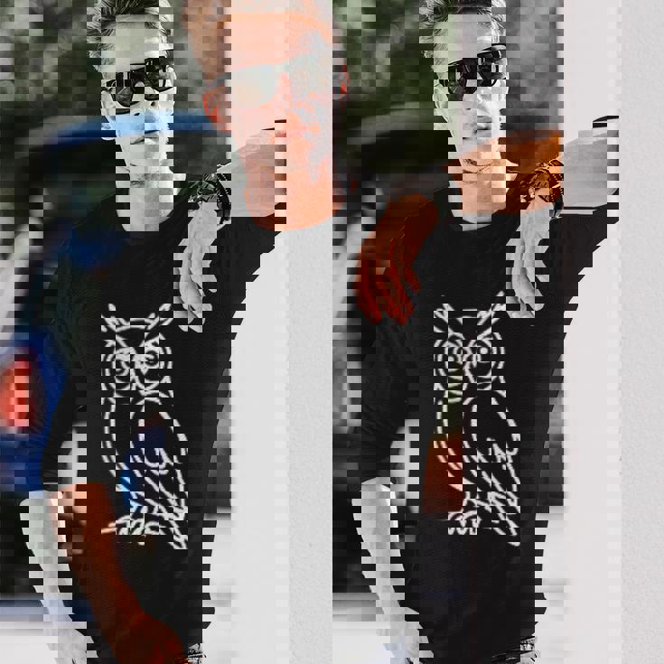 フクロウ ミニマリストバッジ パッチラインアート 長袖Tシャツ 彼への贈り物