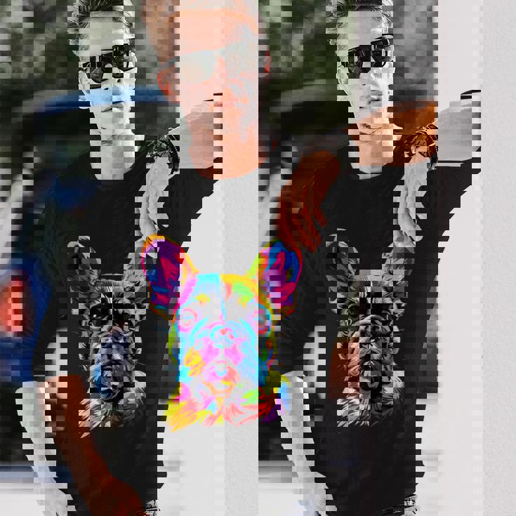 フレンチブルドッグ 犬 カラフル ポップアート レインボーカラー ブルドッグ 長袖Tシャツ 彼への贈り物