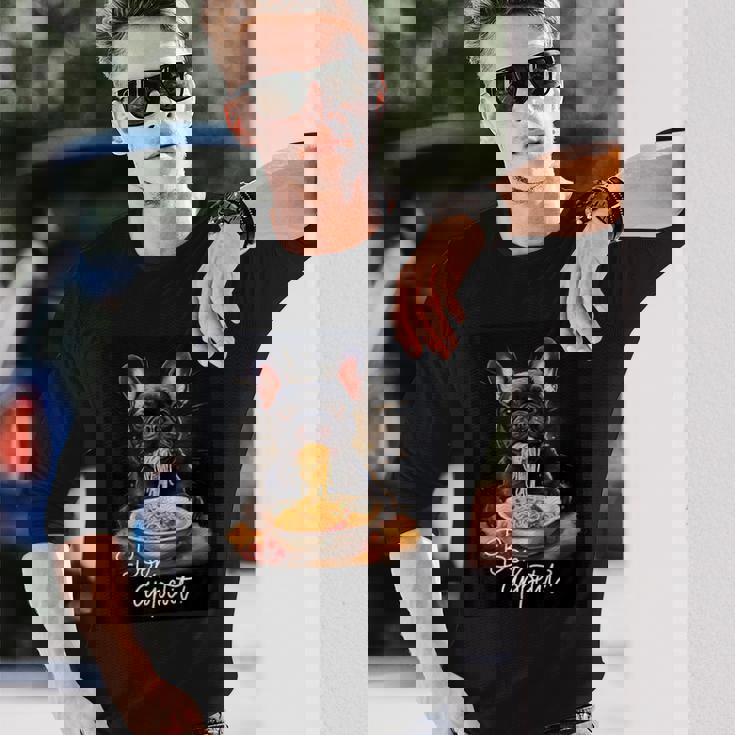 フレンチブルドッグ 食べる パスタ ボンアペティ カラフル ドッグアート 長袖Tシャツ 彼への贈り物