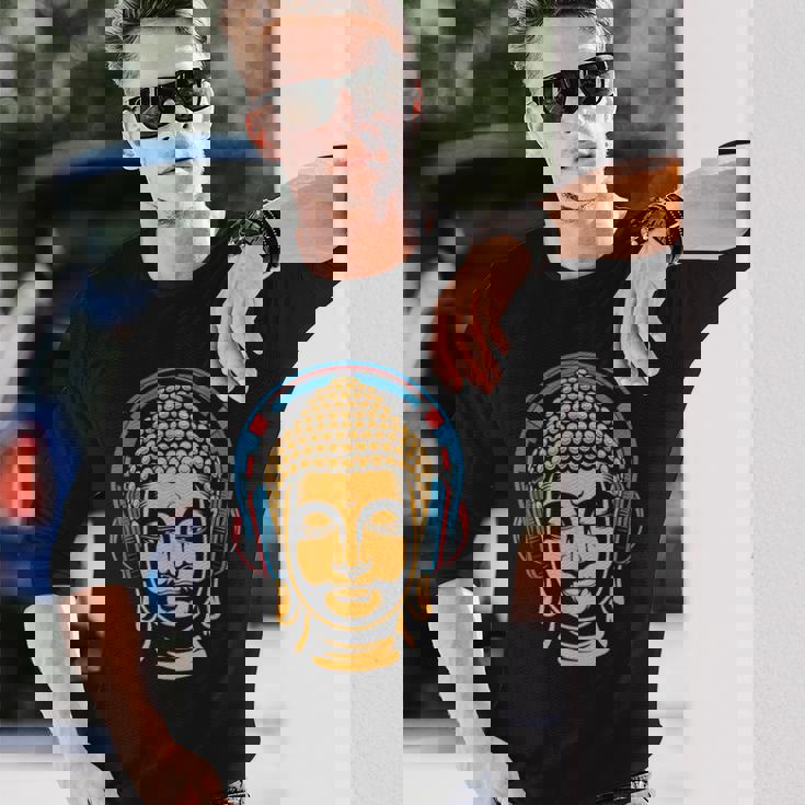 ブッダとヘッドフォン マインドフルネス 音楽 ボーホー 禅 仏教 長袖Tシャツ 彼への贈り物