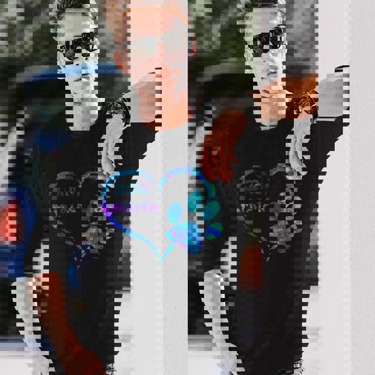 ブルーティールパープル ドッグママと足跡プリント ハート 犬 ママ 長袖Tシャツ 彼への贈り物