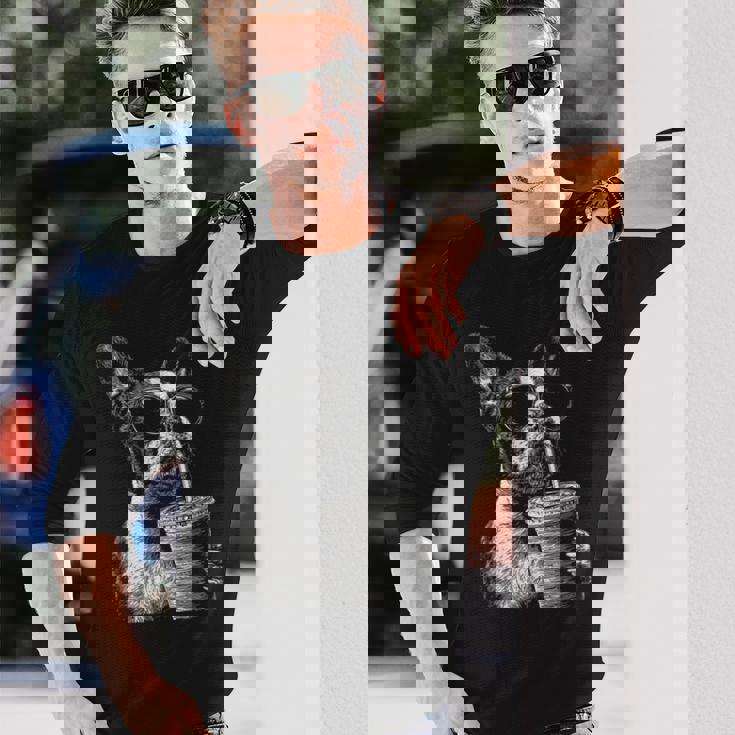 ボストンテリア ドリンク アイスコーヒー 面白い Bostie Dog Meme 長袖Tシャツ 彼への贈り物