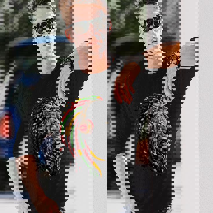 ラスタレゲエミュージックヘッドフォンジャマイカンルーツプライドライオン 長袖Tシャツ 彼への贈り物