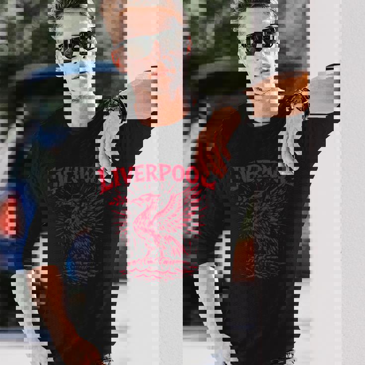 リバプール イングランド Zine インク 肝臓 鳥 レッドプリント 長袖Tシャツ 彼への贈り物