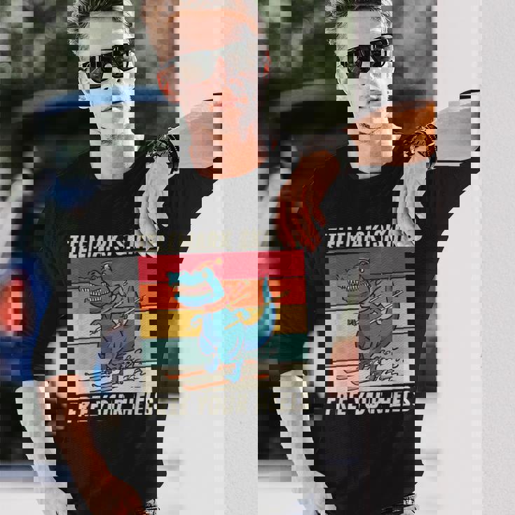 レトロ かわいい 漫画 恐竜 スキーヤー テレマーク スキー 長袖Tシャツ 彼への贈り物