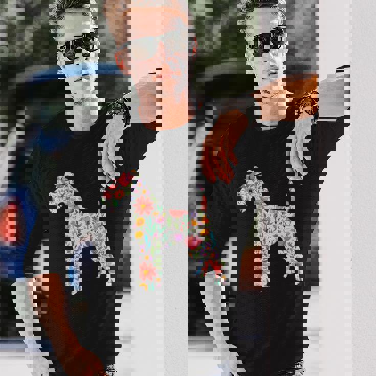 ワイヤーフォックステリア 水彩フラワーデザイン 長袖tシャツ 長袖Tシャツ 彼への贈り物