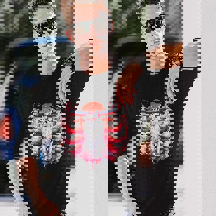 九尾狐 きつねと鳥居門 長袖Tシャツ 彼への贈り物