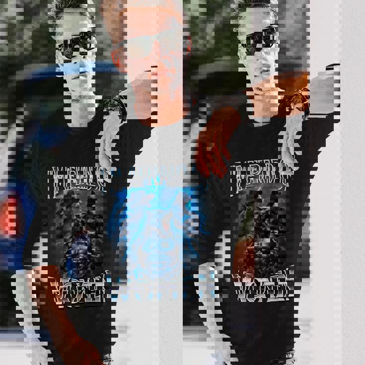 女が怖い狼アルファ・ウルフ・ミーム・クリンジ・ビアード 長袖Tシャツ 彼への贈り物