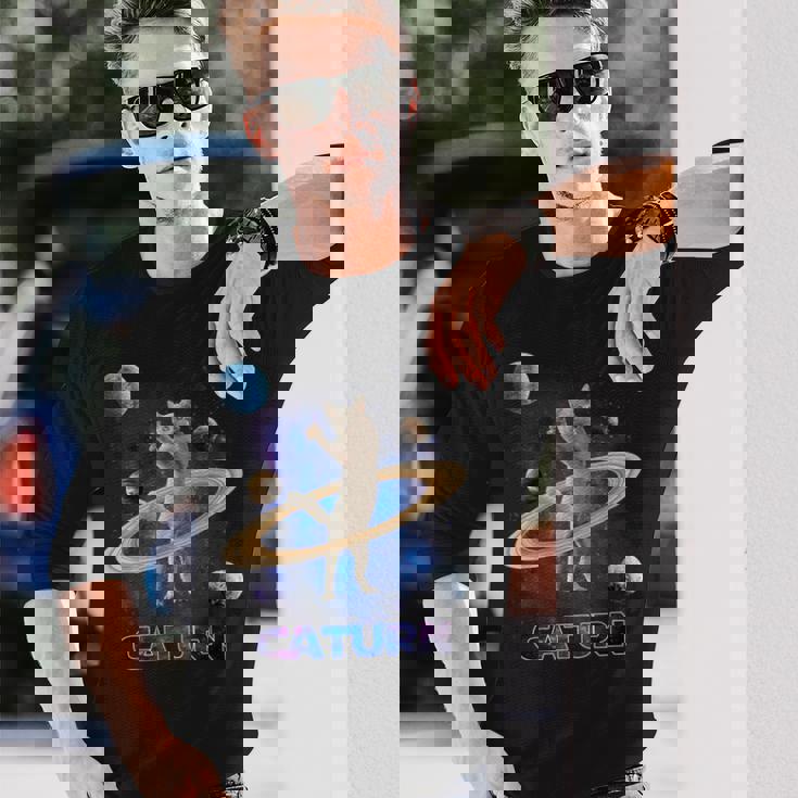 宇宙の土星猫土星ギャラクシー面白い子猫猫の恋人 長袖Tシャツ 彼への贈り物