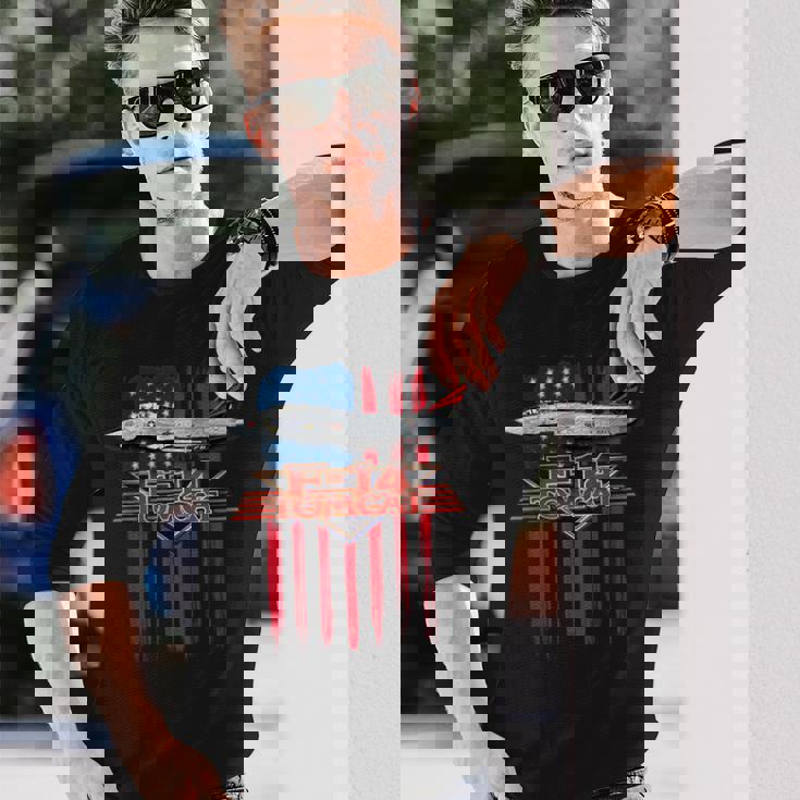 愛国的な海軍 F-14 トムキャットとアメリカ国旗 長袖Tシャツ 彼への贈り物