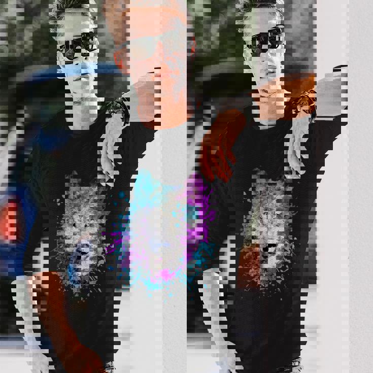 水彩 狼 頭 カラフル オオカミ 贈り物 長袖Tシャツ 彼への贈り物