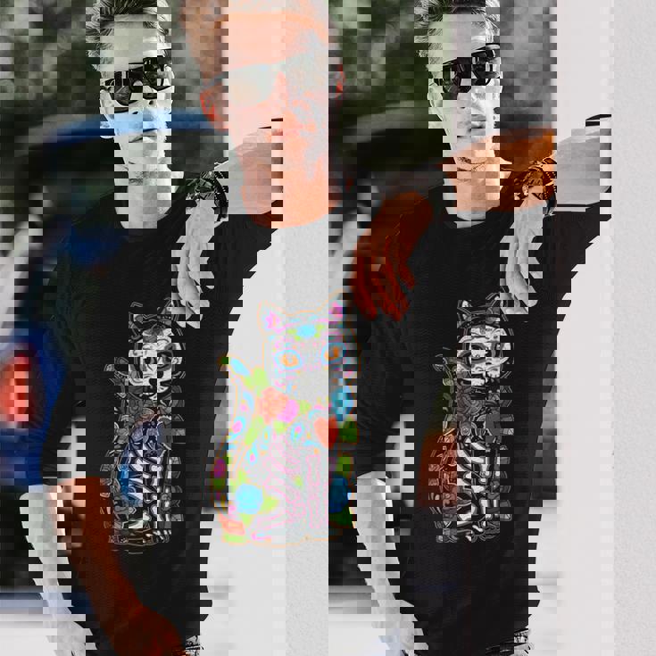 猫 シュガー スカル メキシコ カラベラ 死者の日 ハロウィン 長袖Tシャツ 彼への贈り物