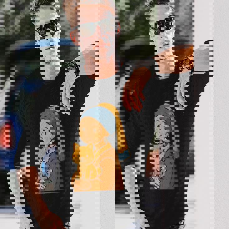 真珠の耳飾りの少女 柴犬 子柴 名画 いぬ イラスト かわいい 犬好き おもしろ 面白い 長袖Tシャツ 彼への贈り物