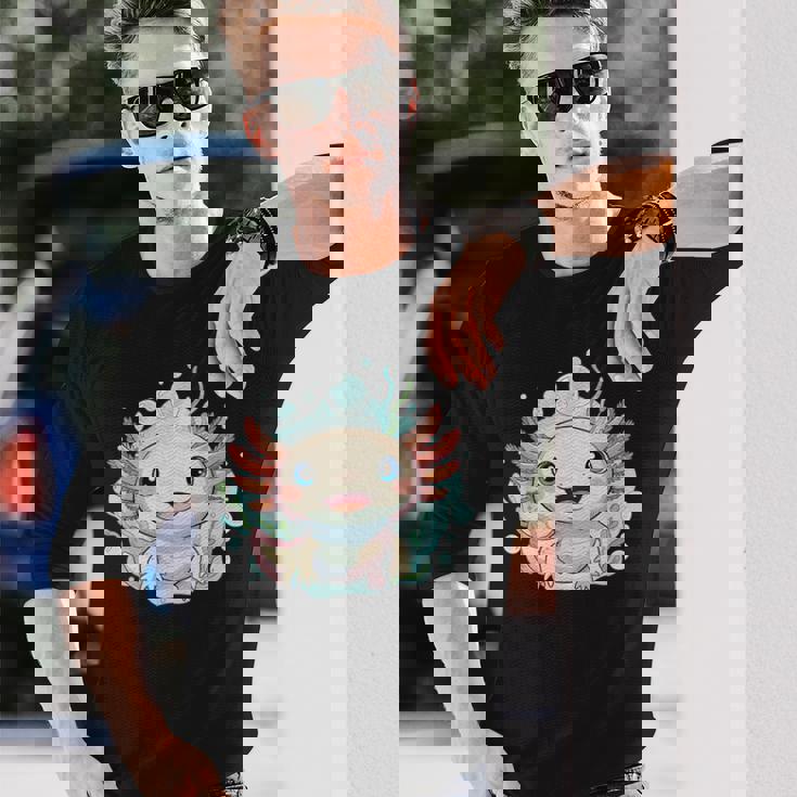 笑顔のaxolotl カワイイかわいい水中漫画 長袖Tシャツ 彼への贈り物