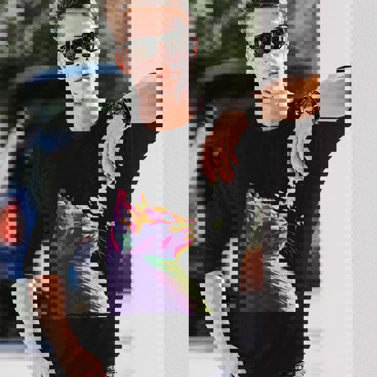 蝶と美しいカラフルな猫、パープル 長袖Tシャツ 彼への贈り物