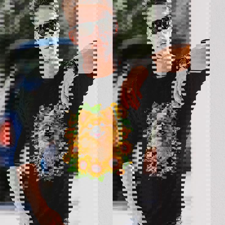 面白いtシャツ ポメラニアン ひまわり わんこ メンズ 犬好き グッズ かわいい おもしろ 面白い 服 ネタ 長袖tシャツ 長袖Tシャツ 彼への贈り物