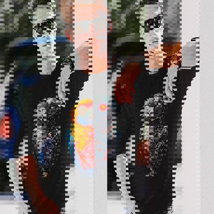 面白いオウムロボット動物愛好家サイボーグオウムロボット Robot Parrot Lover Cyborg Ai 長袖Tシャツ 彼への贈り物