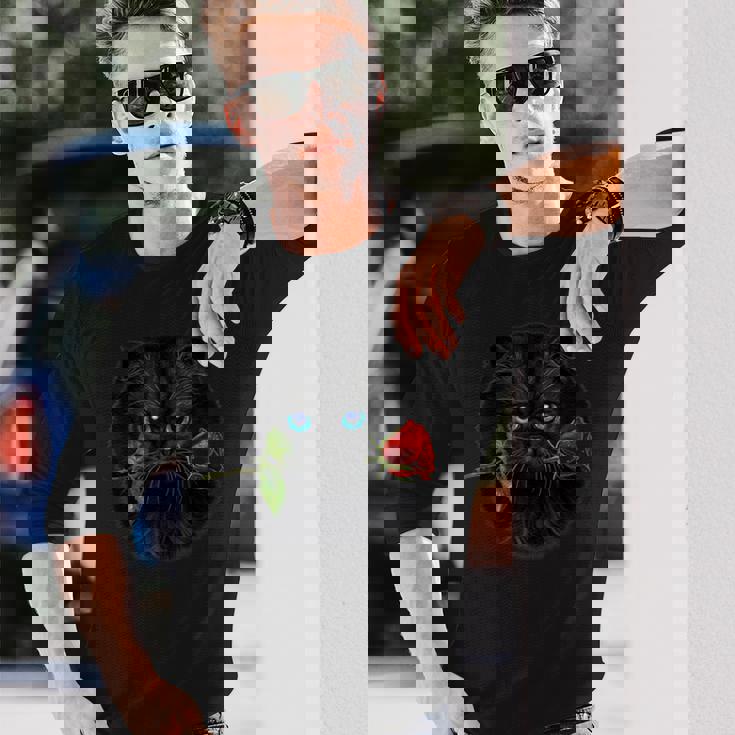 黒ペルシャ猫 ねこ 薔薇 バラ バレンタイン 長袖Tシャツ 彼への贈り物