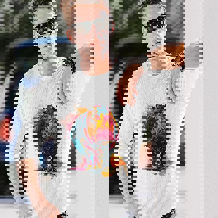 カバ 動物 カラフル グラフィック 抽象 アート 絵画 カバ 長袖Tシャツ 彼への贈り物