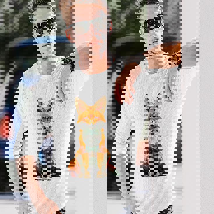 キツネ アニマル柄 グラフィック ポートレート イラスト 幾何学 キツネ 長袖Tシャツ 彼への贈り物