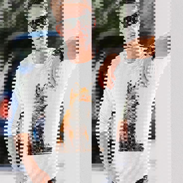 キツネ アニマル柄 モチーフ 抽象 イラスト 描画 狐 長袖Tシャツ 彼への贈り物