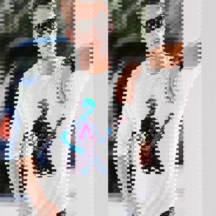 バックプリント ギタリスト エイリアン グラフィック ギター エイリアン ギタリスト 長袖Tシャツ 彼への贈り物