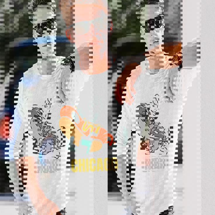 シカゴホットドッグ ストリートフード ホットドッグ マスタード付き 長袖Tシャツ 彼への贈り物