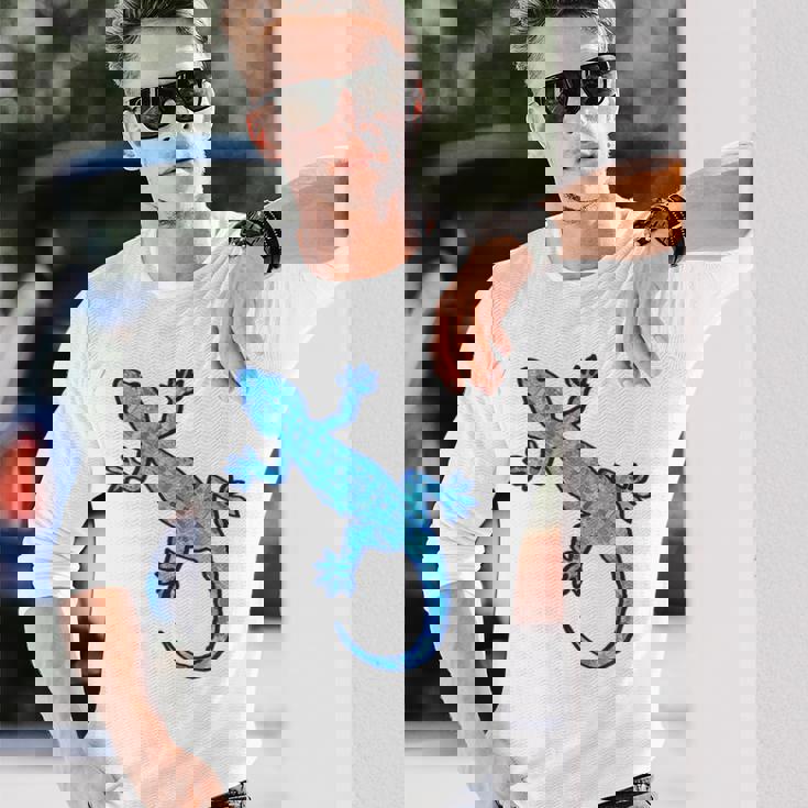 トライバル バティック パターン ヤモリトカゲ デニムブルーtシャツ 長袖Tシャツ 彼への贈り物