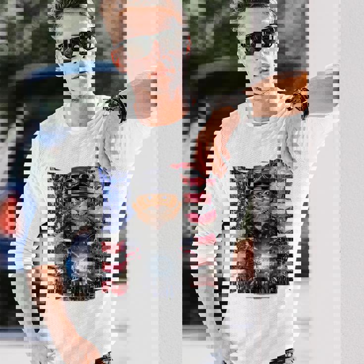 三毛猫 オレンジ猫 ねこ バイク 星条旗 アメリカ 長袖Tシャツ 彼への贈り物