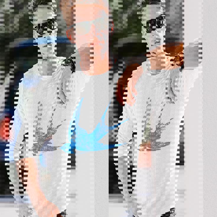 古びたツバメの青い鳥 シルエット 鳥 鳥 イラスト 長袖Tシャツ 彼への贈り物