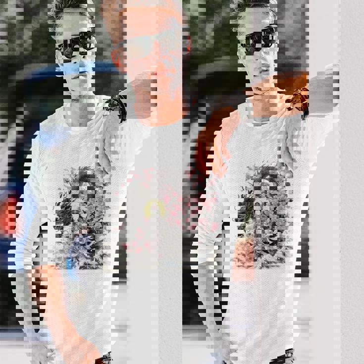 日本 浮世絵 観音菩薩 竜 桜 波 バックプリント 長袖tシャツ 長袖Tシャツ 彼への贈り物