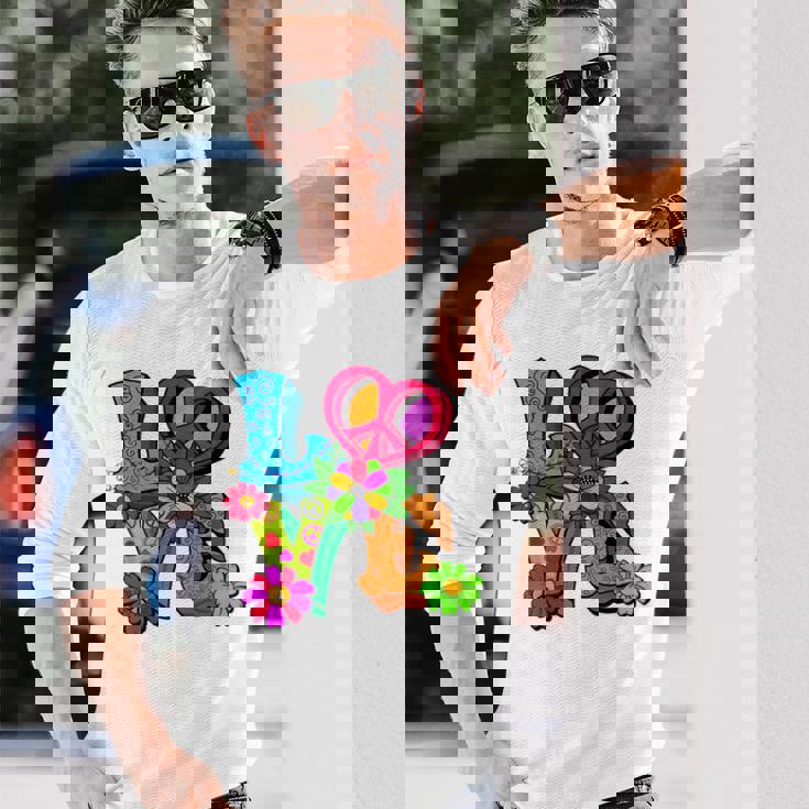 明るくカラフルな愛と平和 ピースサイン フラワートップ 長袖Tシャツ 彼への贈り物