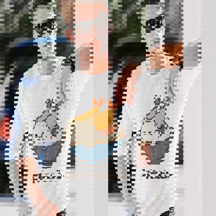 海老天丼 天丼 えび ご飯 ねこ 白猫 天丼好き 猫好き おもしろ かわいい猫 イラスト 猫キャラ 癒し 系 長袖Tシャツ 彼への贈り物