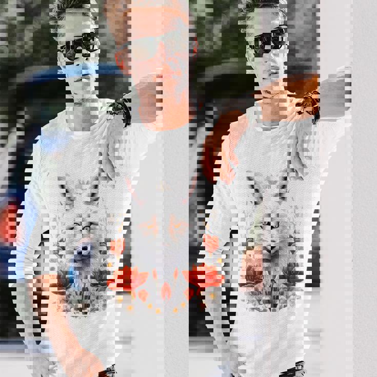 狐 アニマル柄 モチーフ 図面 イラスト 自然 狐 長袖Tシャツ 彼への贈り物