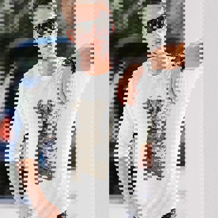 面白いtシャツ シュナウザー 犬 ギター イヌ メンズ 犬好き グッズ かわいい おもしろ 面白い 服 ネタ 長袖Tシャツ 彼への贈り物