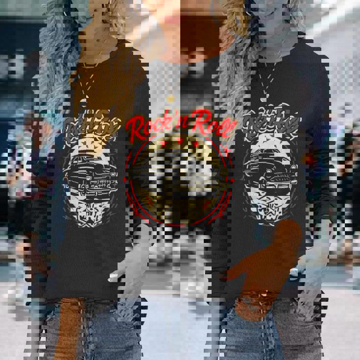 1950年代ロックンロールクラシックカーとサイコロロカビリー 長袖Tシャツ 彼女への贈り物