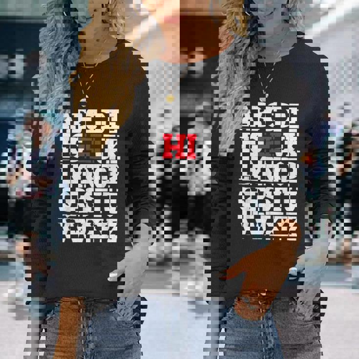 Abcのhiおかしいこんにちはアルファベット学生教師グリーティング 長袖Tシャツ 彼女への贈り物