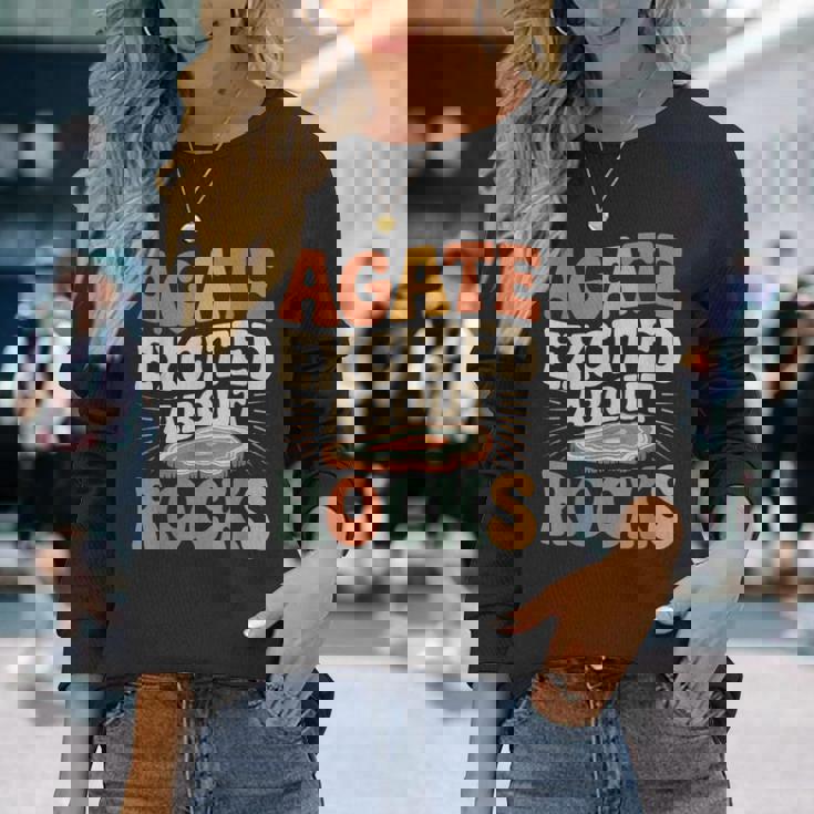 Agate Excited About Rocks ロック地質学オタク 長袖Tシャツ 彼女への贈り物