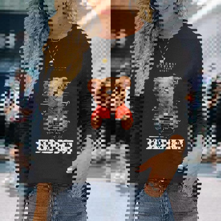 Bad Boy Teddy Bear Graphic tyle Fun 長袖Tシャツ 彼女への贈り物